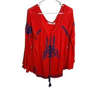 Studio JPR Blouse Women's Small V-Neck Embroidered 3/4 Sleeve V-Neck Tie Boho